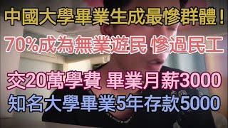 近年中国大学毕业生70%找不到工作，成无业游民，惨过民工！父母含辛茹苦供养，花费20万，毕业后只能拿到月薪3000！名牌大学毕业5年换了十几份工作，只有5000元存款！