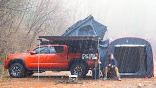 ️ Regenwald, Solo-Camping wie Erholung  Das Aufstellzelt am Heck des Pickup-Trucks andocken?