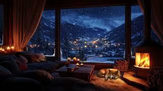 Windy Snowfall & Crackling Fireplace at Night with Sleeping Pets - Cozy Ambience for Sleeping