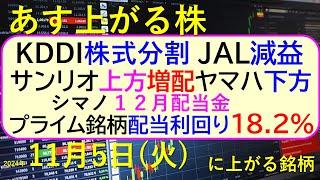 あす上がる株　2024年１１月５日（火）に上がる銘柄。KDDIが株式分割、JALは減益、利回り18.2%登場。サンリオ上方修正増配、ヤマハ下方修正。～最新の日本株情報。高配当株の株価やデイトレ情報～