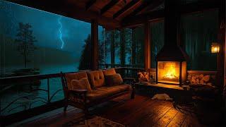 Rain Ambience on Porch | Warm Fireplace and Gentle Rain on Lakeside to Relaxation,Study and Sleeping