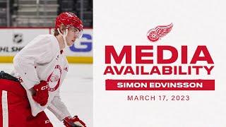 Simon Edvinsson speaks with the media following his first practice with the Detroit Red Wings