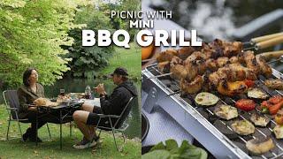 Perfect Picnic with Portable BBQ: Grilled Chicken Skewers & Veggies (ASMR)