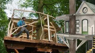 Building A Treehouse In A Beautiful Forest Alone Part 10 - Building The Porch From Oak Logs - asmr