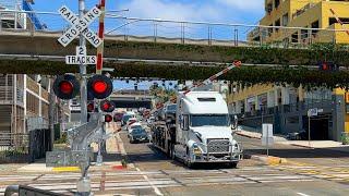 Truck Stops on Railroad Tracks as Train Approaches - Laurel Street Railroad Crossing, San Diego, CA