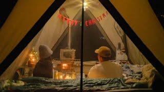 Christmas camping in Big Bear CA: ASMR cooking on a wood stove in a cozy tent with Kodiak Canvas