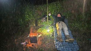 2 Days Bushcraft Trip - Solo Camping in the rain with tarp shelter ASMR HEAVY RAIN