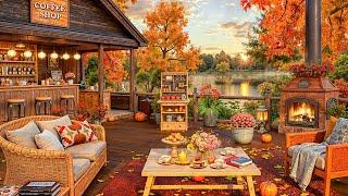 Relaxing Autumn Jazz Music  Lakeside Cafe Porch Ambience with Smooth Jazz Music & Fireplace Sounds