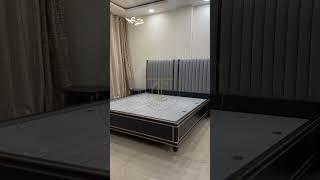 Lux black & gold bed with water-repellent suede headboard + laminated storage box – sleek & smart!