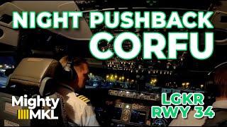 Night pushback and departure runway 34 Corfu International Airport (CFU LGKR).