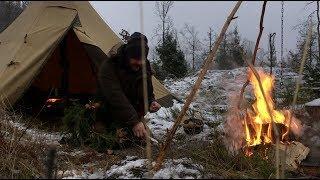 Solo Winter Bushcraft Camp - Snow, Hot Tent Camping, Canvas Lavvu, Woodstove, Baking Bread