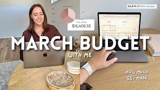 MARCH BUDGET WITH ME | how much $$ I made, income, bills + expenses 