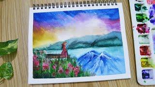 Watercolor Girl & Mountain Landscape Painting Tutorial Step by Step for Beginners / Watercolor Demo