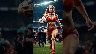 Sexy blonde babe running in red bikini in fields carry ball with policemen chasing her