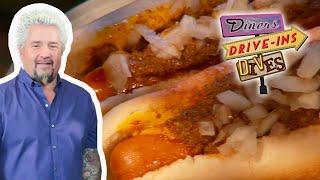 Guy Fieri Eats Hotdogs & "Crazy Meat Concoction" Sauce | Diners, Drive-Ins and Dives | Food Network