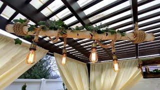 Original Idea of Rustic Lighting Fixture for Terrace made of Birch Wood with Decorative Plants