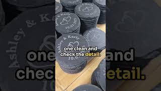  170 slate coasters behind the scenes, sent out for wedding favors