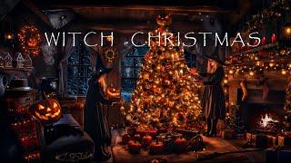 ENCHANTING WITCH CHRISTMAS CABIN-PUMPKIN CHRISTMAS TREE-COZY FIREPLACE-FALLING SNOW-WINTER ASMR