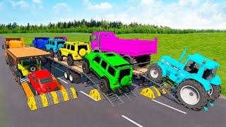 Flatbed Trailer Cars Transportation with Truck - Speedbumps vs Cars vs Train - BeamNG.Drive #53