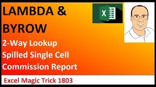 Spilled 2-Way Lookup Commission Report using LAMBDA and BYROW Functions. EMT 1803