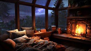 Night Rainfall in a Mountain Cabin with Warm Fire & Rolling Thunder for Sleep