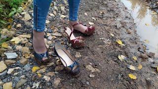 High Heels Hard Abuse, high heels in mud, high heels sinking in mud, high heels bending ( # 044)