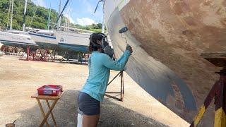 S2E28 applying barrier coat on the hull (Dominican Republic)