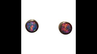 Black Opal Stud Earrings -18k Yellow Gold - Red on Black Gems - 7392 | FlashOpal