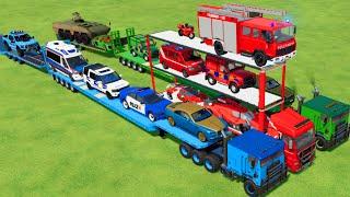 TRANSPORTING CARS, AMBULANCE, POLICE CARS, FIRE TRUCK OF COLORS! WITH TRUCKS! - FS 22