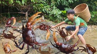 poor boy went to catch crabs along the river and was threatened by a ghost throwing stones.