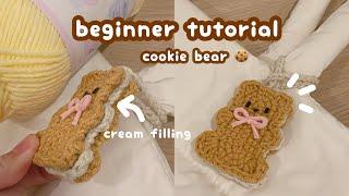 crochet cookie bear keychain | crochet beginner bag charm, easy crochet idea, step by step crochet