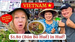 Hue, Vietnam   Local Market Street Food!  Bún Bò Huế  (Spicy Beef & Pork Noodle Soup)