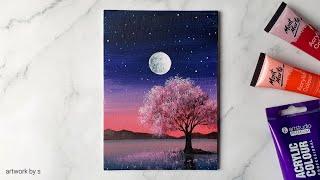 Moonlight Night Sky Painting | Easy Acrylic Painting Tutorial for Beginners | Mini Canvas Painting