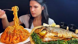 GREEK SHRIMP PASTA & GRILLED FISH | MUKBANG | ASMR | EATING SOUNDS