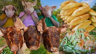 Cooking Pig Head Delicious Recipe | Deep Fried Pig Head Crispy and Stew Yummy Village Eating