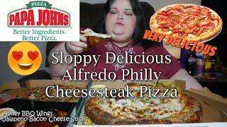 Alfredo Philly Cheesesteak Pizza from Papa John's with Honey BBQ Wings Mukbang