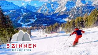 Skiing 3 Zinnen Dolomites Italy: Overview of the Resort & Sel. of blue/red pistes -Dolomiti Superski