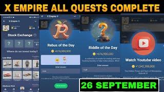 26 September All Quests Code X Empire | Youtube Video Code | Rebus Of The Day | Investment Fund Card