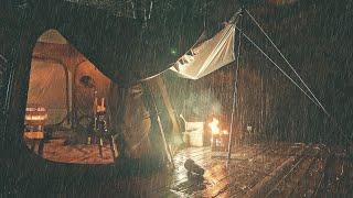 Sleep in a tent on a winter rainy day