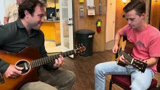 Brooks Robertson and Parker Hastings messing around at Pete Huttlinger Guitar and Fly Fishing Camp