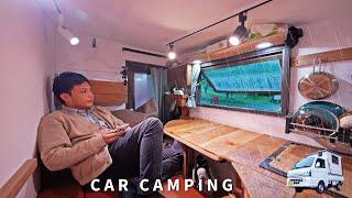 [Heavy Rain Car Camping] Enjoying heavy rain. Solo car camping. DIY light truck camping car