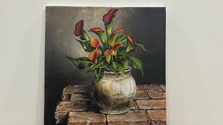 Red Calla Lilies in a Vase || Step -by- Step Acrylic Painting