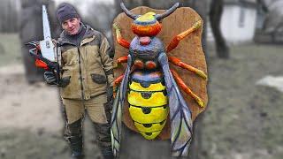 GIANT WOODEN BEE with chainsaw, AMAZING chainsaw wood carving