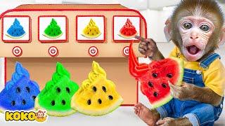 Series Of Rainbow Ice Cream: Monkey Koko Eat Watermelon Ice Cream And Swimming At Pool Bit Ball