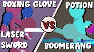 Supreme Duelist Stickman Animation: Boxing Gloves x Boomerang vs Potion x Laser Sword