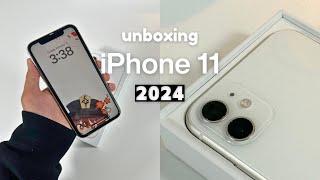 iPhone 11 Unboxing in 2024 (white) 128gb  aesthetic setup & accessories plus camera test