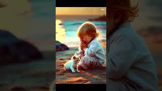 The child was lost from its mother by the sea and the cat stayed with the child, guarding it