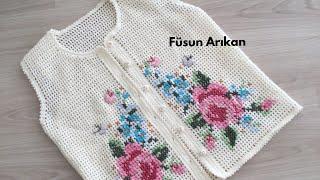 KANAVİÇE İŞLEMELİ  TIĞ İŞİ ÖRGÜ YELEK (CROSSSTİTCH ON CROCHET VEST)
