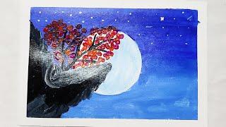 Sunset painting | Oil pastel drawing moonlight | Moonlight painting easy