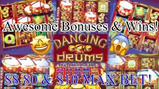 Dancing Drums Slot Machine Awesome Bonuses And Wins $8.80 & $10 Max Bet 